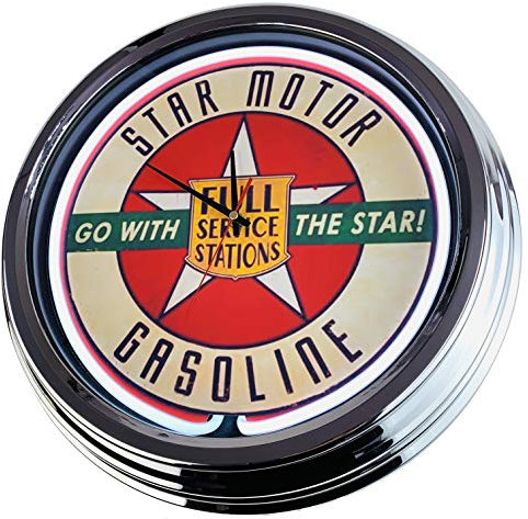 US-Way.de Star Motor Gasoline WallClock Deko-Clock – 44 cm Durchmesser, Deko-Wanduhr ohne Tickgeräusche und gut lesbares Display, USA 50er-Jahre-Stil Neon-Uhr für Küche, Büro (Weiß)