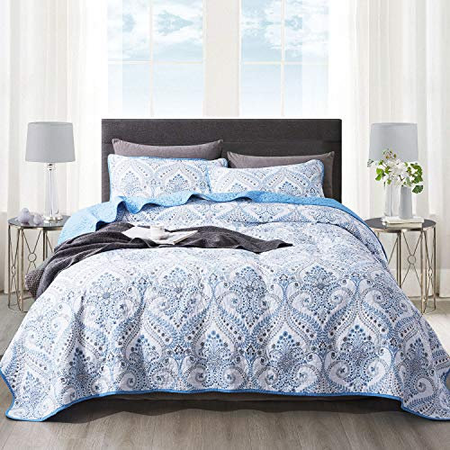 NEWLAKE Baumwoll-Tagesdecken-Set, wendbar, Patchwork-Decke, blau, klassisches königliches Muster, King-Size
