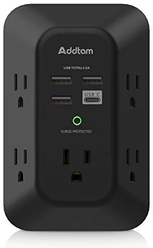 Addtam Surge Protector, Outlet Extender with 5 AC and 4 USB Ports, Black