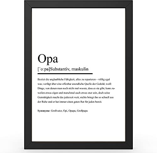 Urhome Kunstdruck Definition Opa in DIN A3 A4 A5 optional mit Rahmen Schwarz Weiß - Worterklärung wie im Duden als Wanddeko Poster Deko Wandbild mit Spruch für Wohnung Familie Geschenk