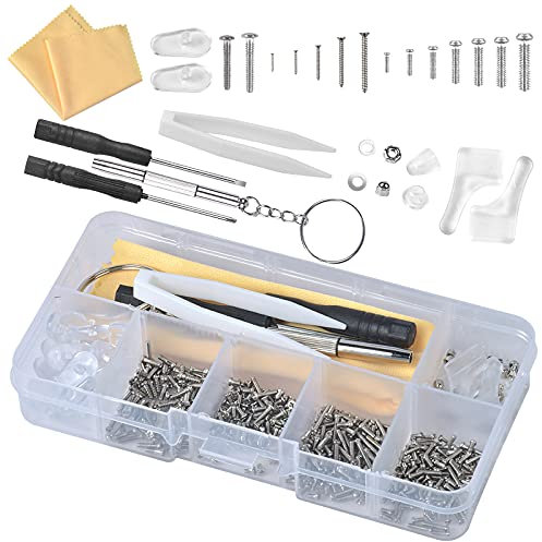 Brillen Reparatur Set, 500 Stück Brillen Schrauben Reparatur Set mit Aufbewahrungsbox, Schraubenmutter, Nasenpads für Brillen, Anti-Rutsch-Ohrhaken, Mini-Schraubendreher, Brillentuch, Pinzette