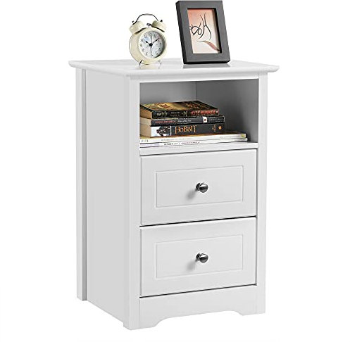 Yaheetech White Bedside Cabinet, Nightstand Bedside Table with 2 Drawers & Cupboard, Wood Side End Table Storage Unit for Bedroom Living Room Furniture, 35x40x61cm