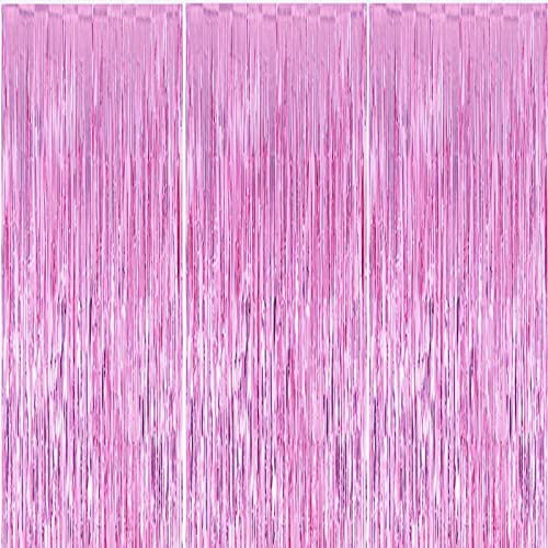 3Pcs 1m*2m Pink Foil Curtains - Metallic Tinsel Party Backdrop Shimmer Curtains with Fringe for Halloween, Xmas, Birthday, Wedding, Prom Parties