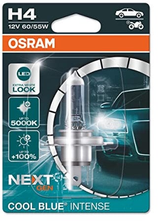 OSRAM COOL BLUE INTENSE H4, +100% de luminosité en plus, jusqu'à 5000K, lampe halogène, look LED, blister simple (1 lampe)