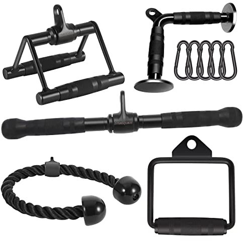 DYNASQUARE Cable Attachments for Home Gym, LAT Pulldown Equipment, Weight Machine Accessories, Straight Pull Down Bar, V Bar, Tricep Rope, Revolving Row Handle, Stirrup Handle