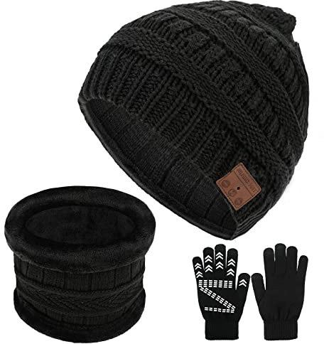 CestMall V5.0 Bluetooth Beanie 3 in 1 Bluetooth Music Hat Set with Non-Slip Gloves & Scarf, Washable Winter Warm Music Hat, Unisex USB Rechargeable Hat for Men Women