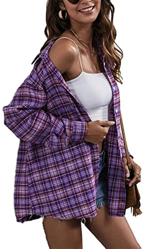Bozanly Flanell Buffalo Plaid Shirts für Frauen Oversized Button Down Shacket Bluse Tops, Violett, Mittel