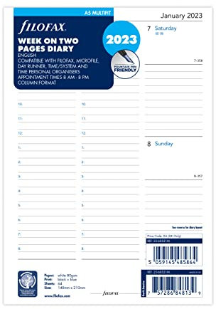Filofax Multi-Fit-Tagebuch 2023, A5-Format, für eine Woche auf zwei Seiten, Weiß