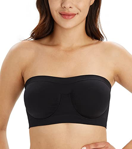 DotVol Women's Underwire Strapless Non Padded Multiway Bras Stretchy Tube Top Bandeau Bra(Black,S)