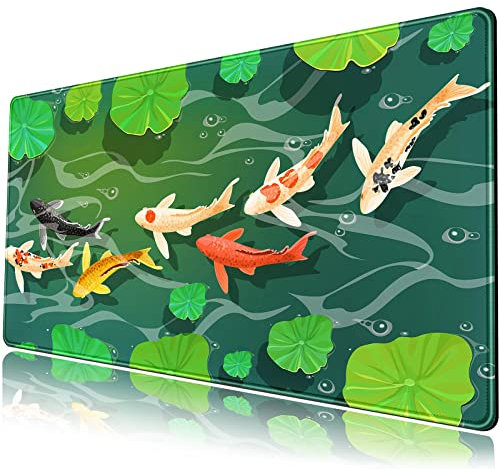 Mechanical Cattle Koi Fish Design Desk Mat, Large Green Gaming Mouse Pad, Fully Extended for Japanese-Style Desk, Laptop and Keyboard Mat, 80 x 40 cm, XL, Non-slip Rubber Base with Stitched Edges