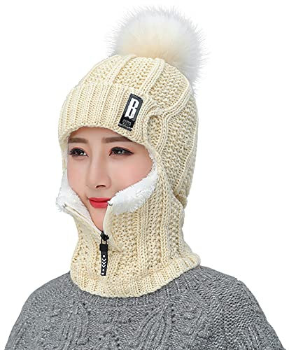 Surakey Bonnet Femme Hiver Bonnet Balaclava en Tricot avec Cache-Cou,Cagoules Femme Polaire Balaclava Chapeau, Masque de Ski Coupe-Vent, Bonnet Cagoule pour Vélo Ski Randonnée Montagne Camping
