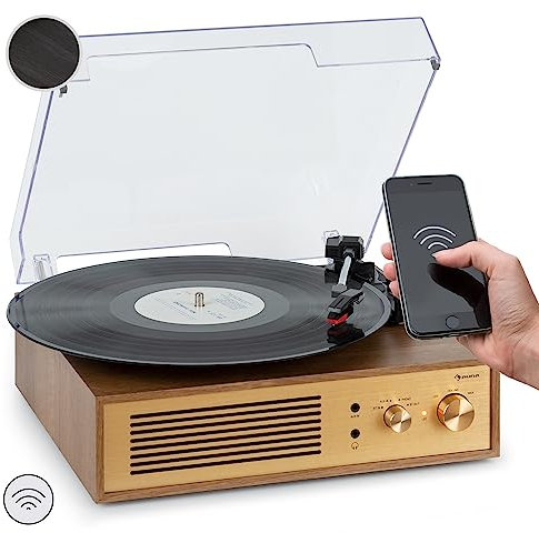 Auna Giradischi Bluetooth per Dischi in Vinile, Lettore Vinile con Trasmettitore e Ricevitore Bluetooth, Giradischi Vinili Vintage con Casse Stereo, Gira Dischi per Vinile con Jack Cuffie e Adattatore