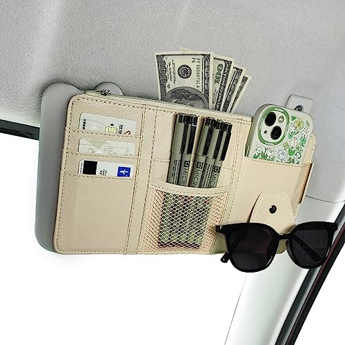 Global-Daily Car Sun Visor Organizer with Multi-Pocket Storage – Faux Leather Visor Pouch for Documents, Cards, Sunglasses, Phone & Pens – Car Interior Accessories for Car, SUV, Truck, Van (Beige)