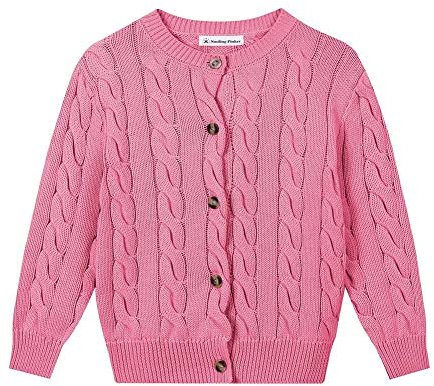 SMILING PINKER Aran Cardigan per bambine e ragazzi con cavo a maglia girocollo con bottoni, rosa, 6-7 Anni
