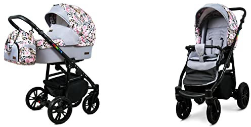BabyLux Color Lux Passeggino 2in1 Deep e Passeggino con Accessori Struttura in Alluminio Regolabile e Pieghevole 2 Opzioni di Montaggio Ruote Impermeabili Albion Roses On Leopard Black Frame