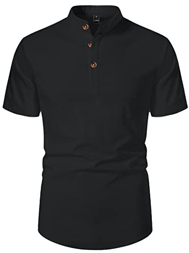 LVCBL Men's Casual Cotton Linen Short Sleeve Henley Shirt Black M