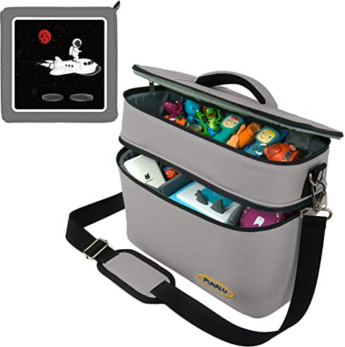 PUNALU große Tasche für Toniebox inkl. Schutzfolie passend für Toniebox, Platz für 68 Tonies, Set Toniebox Tasche + Toniebox Aufkleber (Astronaut 3 grau)