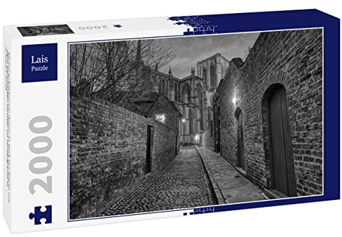 Lais Jigsaw Puzzle Small cobbled street in York at night with the famous Minster in the background in black and white 2000 pieces