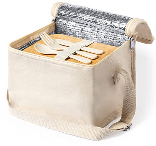 Kühltasche Kühlbox Isoliertasche mit integrierter Lunchbox mit Besteck aus naturbelassener Baumwolle und isothermischer Beschichtung