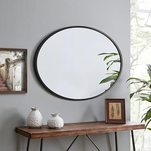 WOWINNE Spiegel Schwarz 50x70cm Ovaler Wandspiegel mit Metallrahmen Dekorative Spiegel für Badezimmer Wohnzimmer Schlafzimmer Gäste WC
