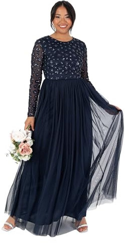 Maya Deluxe Women's Ladies Maxi Dress Long Sleeve Round Neck Sequin Embellished Tulle Floral A-line for Occasion Prom Ball Gown, Navy Blue, 18