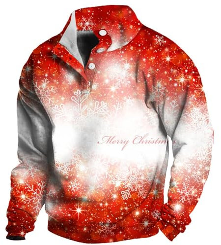 Hoodie, Herren Weihnachtspullover 3D Digitaldruck Stehkragen Knopf Sweatshirt Pullover Winter Lustig Pullover Christmas Mit Beleuchtung Weihnachtshoodies Weihnachtspulli Ugly (XXL, Vermilion)