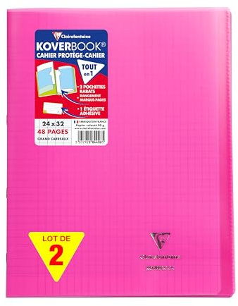 Clairefontaine 984408AMZC Un lot de 2 Cahiers Agrafés Koverbook 24x32 cm - 48 Pages Grands Carreaux 90 g - Couverture Polypro - Couleur : Rose