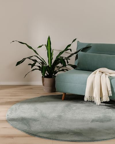 benuta Basic Kunstfaser Fellteppich Furry - Grün Rund 120 cm - Weicher Wohnzimmerteppich - Anti-Rutsch-Rückseite - Waschbar - Für Fußbodenheizung geeignet
