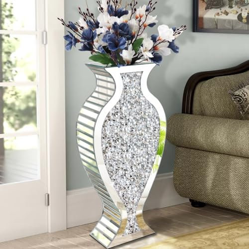 Allartonly Große Bodenvase S Crushed Diamond verspiegelte Vase 68,6 cm hoch, Kristall-Silberglas, dekorativer Spiegel, große Vase, Luxus für Heimdekoration, Blumenarrangement, kann kein Wasser halten