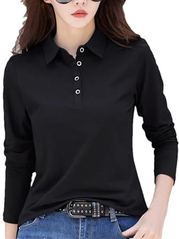Women's Basic Long Sleeve T Shirt Cotton Polo Collar T- Shirt Button Casual Formal Work Top Black S