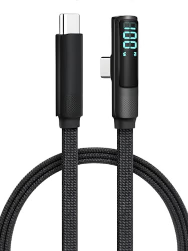 aceyoon 100W USB C to USB C Cable, 1.2m 90 Degree USB C Cable with LED Display PD Fast Charging QC 3.0 with E-Marker Chip Braided Nylon Flat Cable pour iPhone 16 15 Pro Max, Galaxy S24 S23(100W)