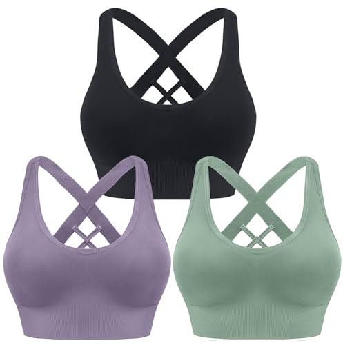 HANERDUN Damen Mittle Halt Sport BH Crossback Push up Yoga Bra Nahtlose Ohne Buegel mit Abnehmbaren Gepolstert für Fitness Lauf Joggen