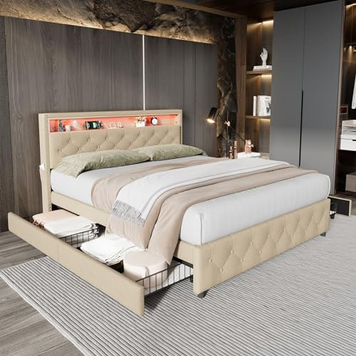 Oyemige Upholstered Double Bed 150x200 cm, King Size Storage Bed with Four Drawers, LED-illuminated with Side Pockets, Slatted Frame, Beige Linen, No Mattress