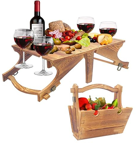 SWEETBIUTI Picknicktisch Holzklapptisch 2-in-1-Korb Tisch mit Weinglashalter Außenpraxis tragbar für Camping Beach Weinliebhaber Geschenk 11.8 * 9.1 * 5,9 Zoll