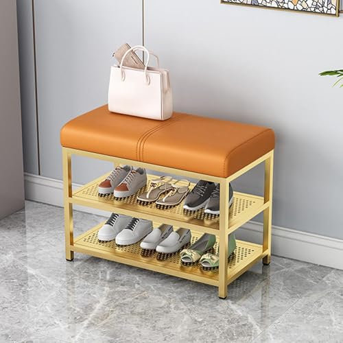 Schuhbank mit Sitzfläche Metallrahmen mit Starker Tragfähigkeit Weiches Kissen Sitzbank für Porch, Wohnzimmer, Schlafzimmer, Badezimmer(Gold,60 * 32 * 45cm)