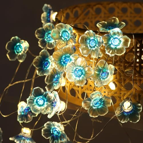 Blue Cherry Blossom String Lights - 4M 40 LEDs Battery Operated Waterproof Flower Lights for Indoor Outdoor Decoration - Bedroom Wedding Valentine's Day