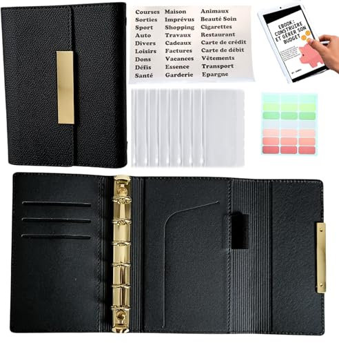 Classeur buget A7 français pour système d'enveloppes, kit de démarrage avec 7 enveloppes, étiquettes et stickers, petit format, portefeuille design (Noir)