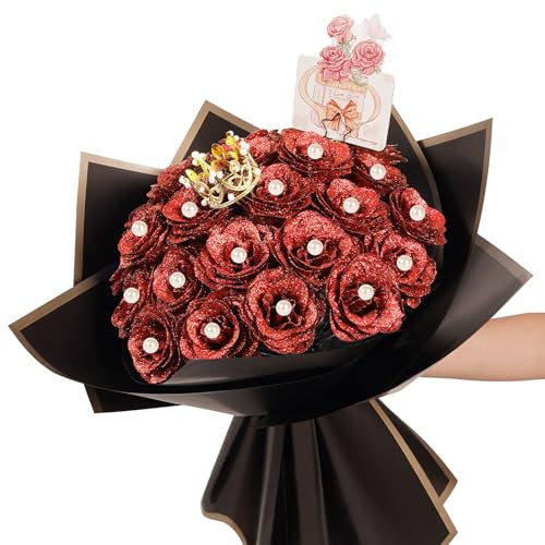 Red Glitter Roses Bouquet,25 Pcs DIY Artificial Bouquet of Shiny Red Valentine's Day Faux Rose Flowers Bouquet with Stem Pearl Crown for Mothers Day,Graduation Gifts Wedding Anniversary
