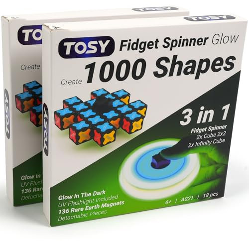 TOSY Magnet Fidget Spinner Glow – 3in1 Spielzeug: Verwandelbarer Fidget Spinner mit 136 Magneten, Unendlichkeitswürfel, 2x2 Puzzle-Würfel, Leuchtend, Geburtstags- und Ostergeschenk, 2er-Satz
