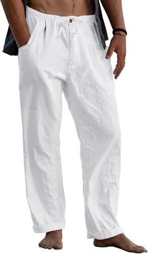 Runcati Pantaloni in lino, da uomo, leggeri, lunghi, da uomo, in tinta unita, per il tempo libero, da spiaggia, yoga, con coulisse, bianco, L