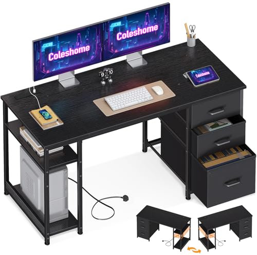 Coleshome 130cm Office Desk with 3 Drawers, Computer Desk with Shelves, PC Table with Storage & Power Outlet, Reversible Study Table for Office and Bedroom, Black