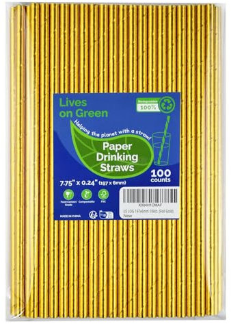 Lives on Green 100 pailles en papier doré compostable de 7,75 pouces - pour les boissons, les cocktails, les fêtes, les mariages et la décoration