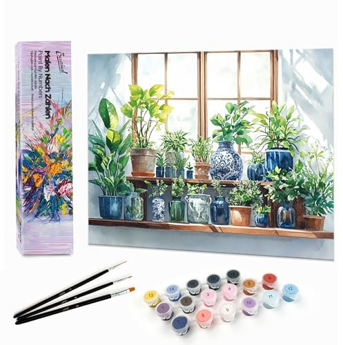 Bougimal Peinture par Numéro Adulte Paysages avec Pinceaux et Acryliques Bricolage Peintures Kits, pour la Décoration Intérieure maison, Plante 1 28x35cm(sans Cadre)