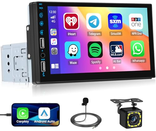 Fuluku 7 Pulgadas 1 DIN Radio Coche con Carplay Android Auto, HD Pantalla Táctil 1 DIN Radio con Bluetooth FM SWC EQ Mirror Link Cámara de Seguridad Mic, AUX/USB de Entrada