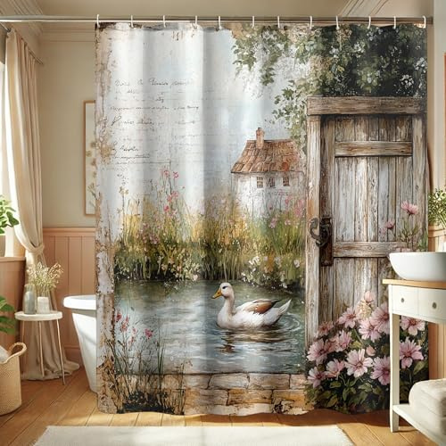 Duschvorhang mit Garten-Ente, Aquarell, grün/beige, Blumen-Design für Badezimmer, Frühling, Sommer, rustikal, Vintage, wasserdichter Stoff, Duschvorhang-Set mit Haken, 183 x 183 cm