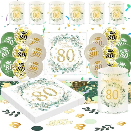 Deko 80. Geburtstag Frau Mann, Eukalyptus 80th Happy Birthday Decorations Servietten+Windlicht Tischdeko+Konfetti+Luftballon Grüne Gold, 80 Geburtstag Deko Männer Frauen (80th Birthday Tischdeko)