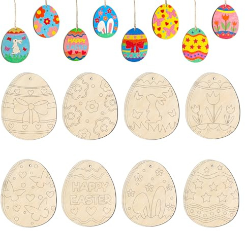 CAMOSE Ostereier aus Holz zum Basteln, 32 Stück, unlackiertes Holz, DIY-Ornamente, leere Ausschnitte zum Malen, hängende Dekoration (mehrfarbig)