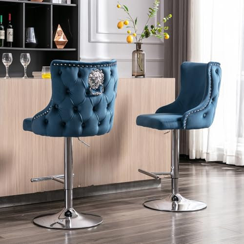 chairus Barhocker 2er Set Samt, Barstuhl Höhenverstellbar Moderne Tresenhocker mit Lehne Küchenhocker Drehbar für Küche, Theke,Blau
