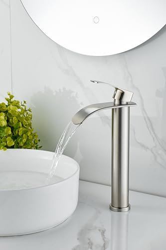 Waschtischarmatur Hoch : Wasserhahn Bad Wasserfall, Einhebel-Mischbatterie für Kaltes und Warmes, Gebürstetes Nickel