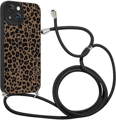 Kueqeay Handyband für iPhone 14 Hülle mit Band 6,1'', Aesthetic Schwarz Leopard Muster Verstellbarer Halskette Handyhülle mit Kordel zum umhängen Silikon Stoßfest Schutzhülle mit Kette, 10